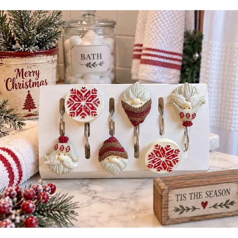 Christmas Shower Curtain Hooks Set of 6 Santa Gnome Snowflake Rustic Holiday